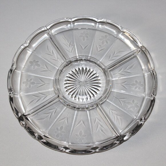 Etched Divided Serving Dish | Vintage Glass Tray - Picture 1 of 4